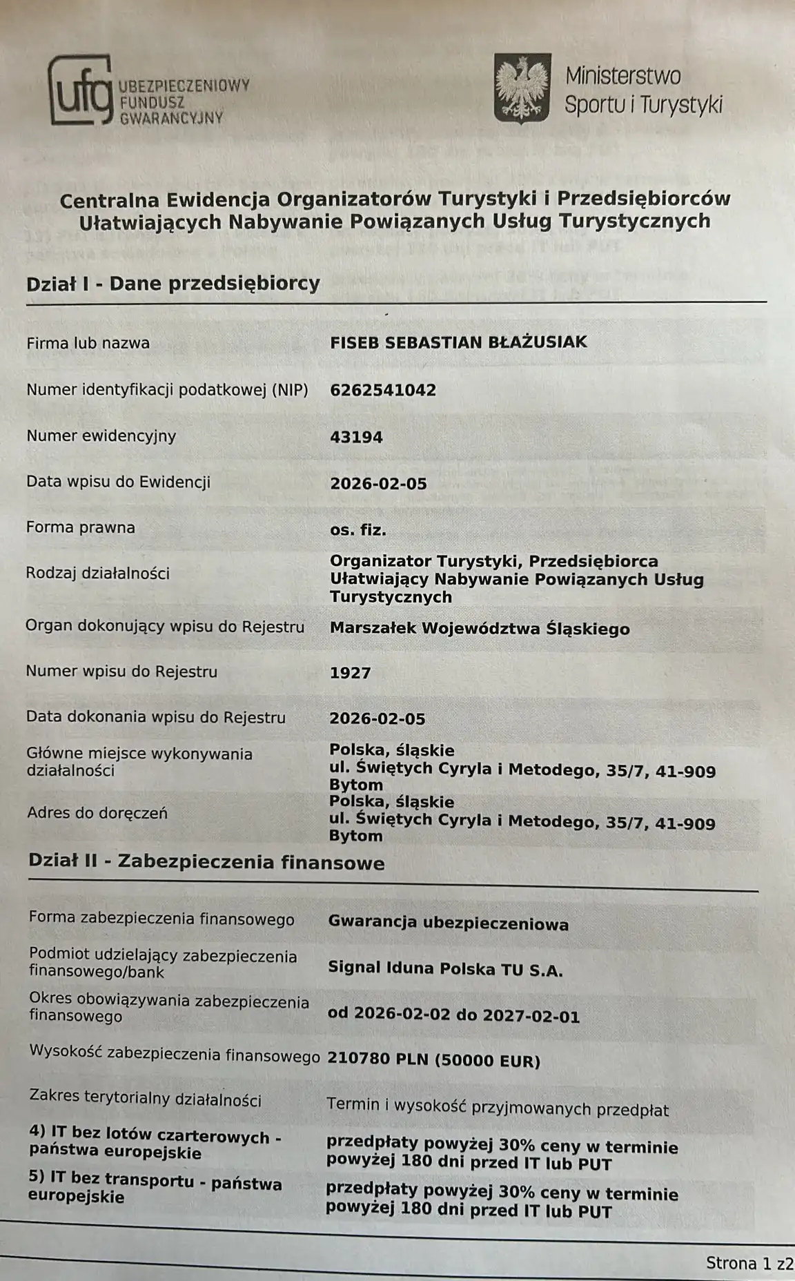 Wpis do Centralnej Ewidencji Organizatorów Turystyki, numer ewidencyjny 43194